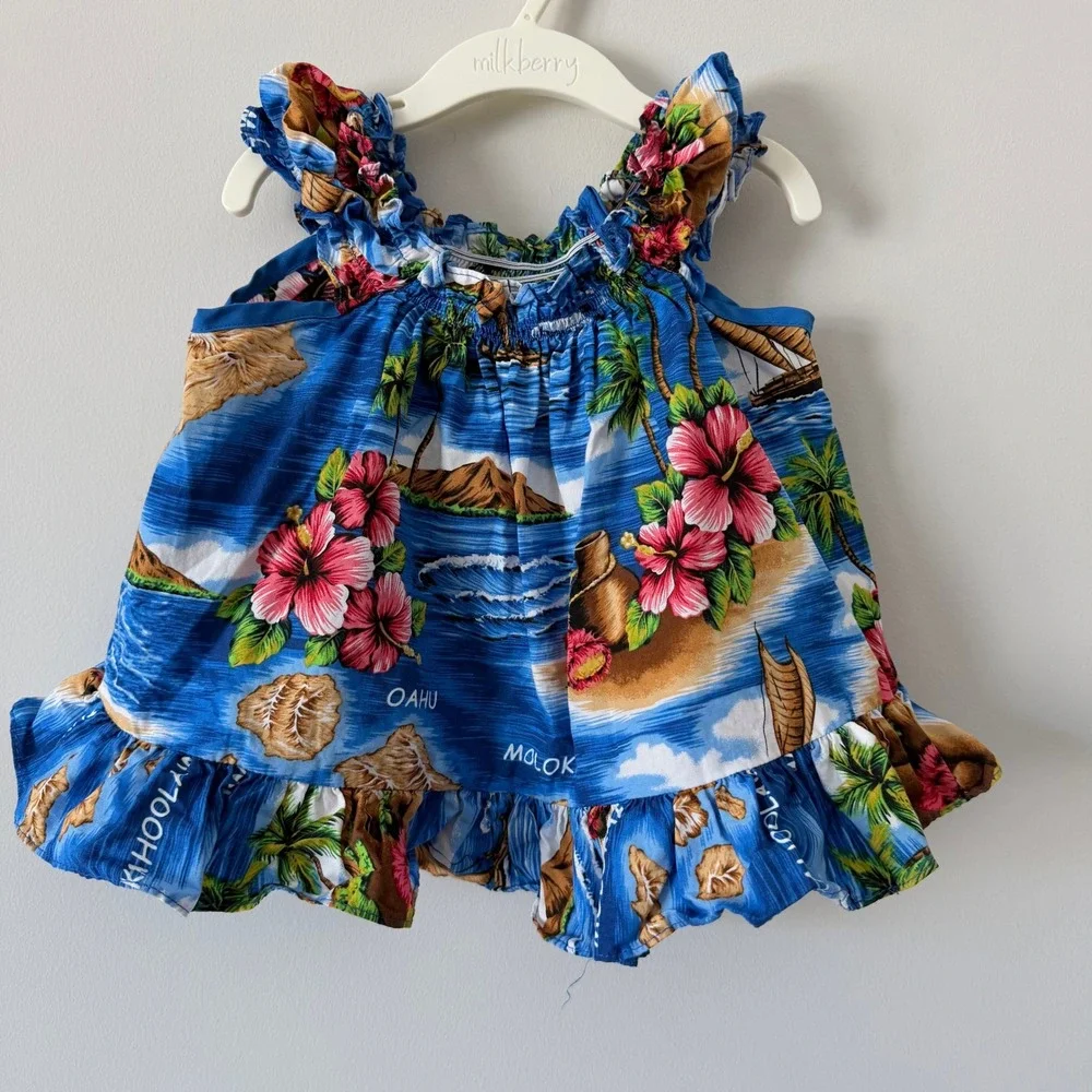 Hawaii Station Kids Blue Hibiscus Island Map Top and Bloomer Set 18M Made in USA